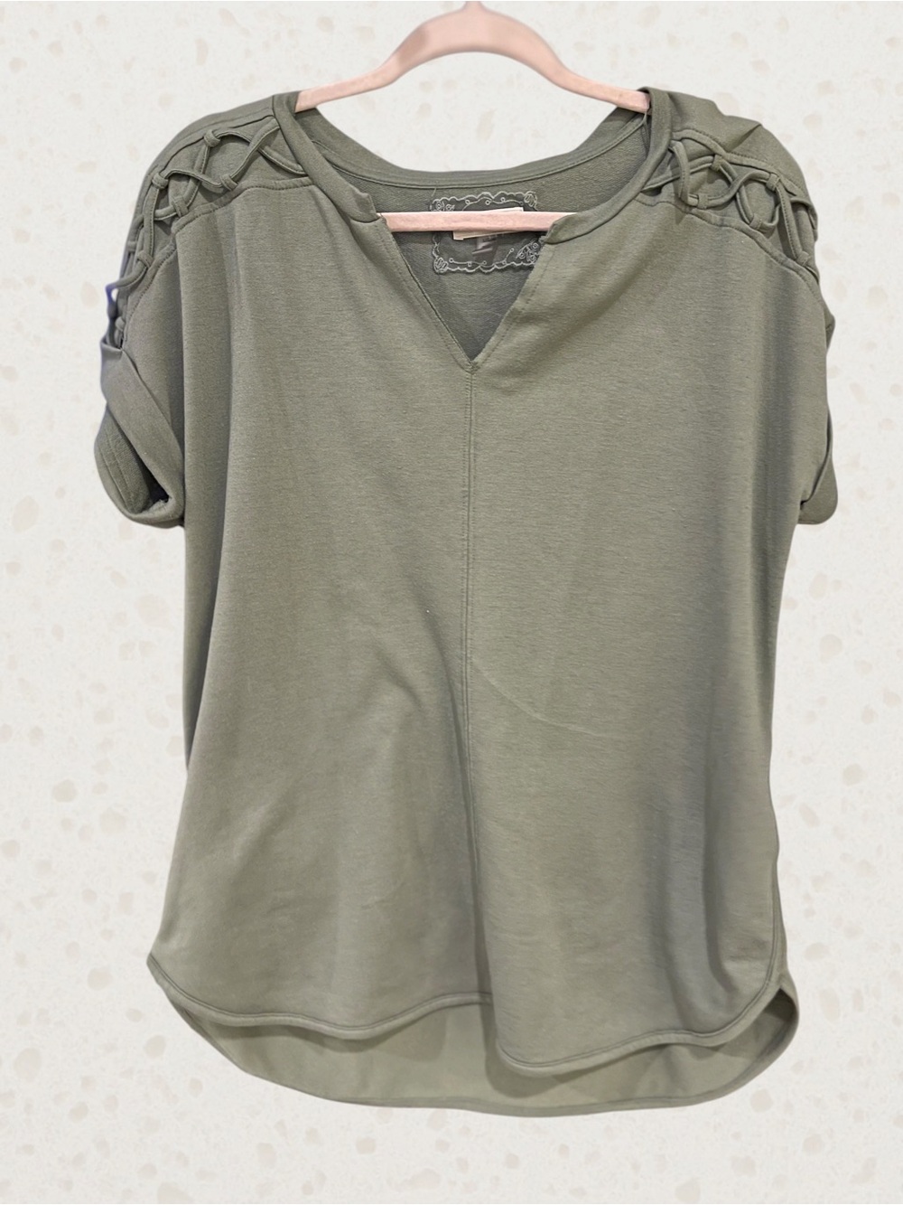 Cupio Olive Green Short Sleeve V-Neck Top with Ladder Shoulder Detail